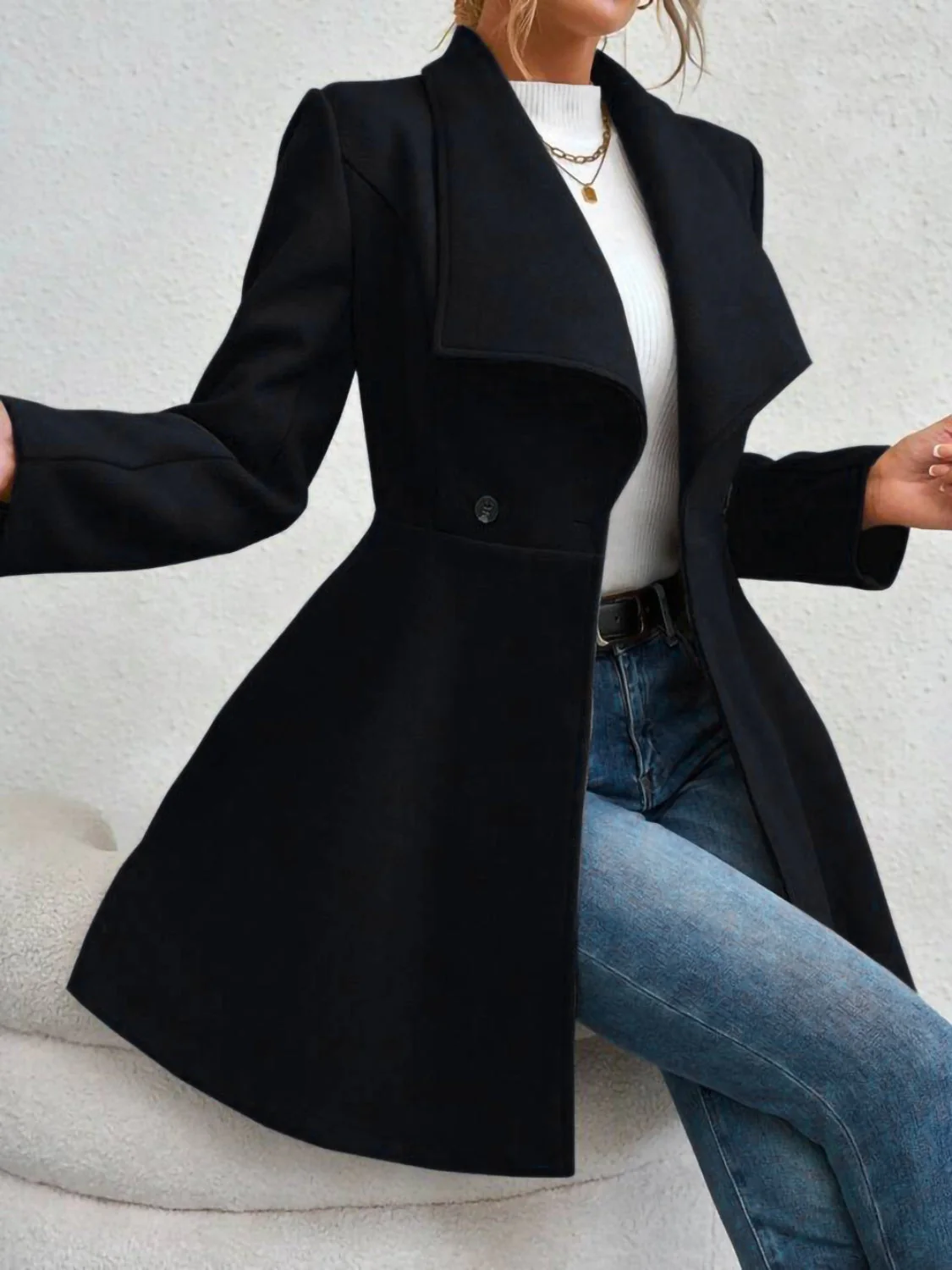 Collared Neck Button Up Long Sleeve Coat - Image 8