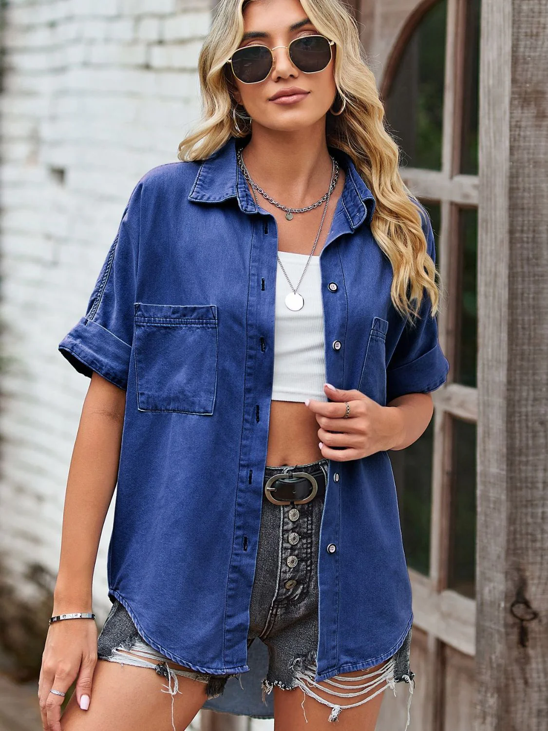 Collared Neck Denim Jacket with Pockets - Image 7