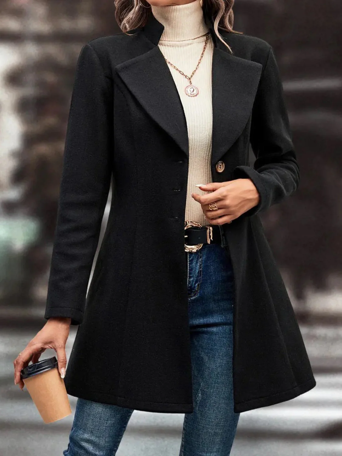 Collared Neck Long Sleeve Longline Coat - Image 12