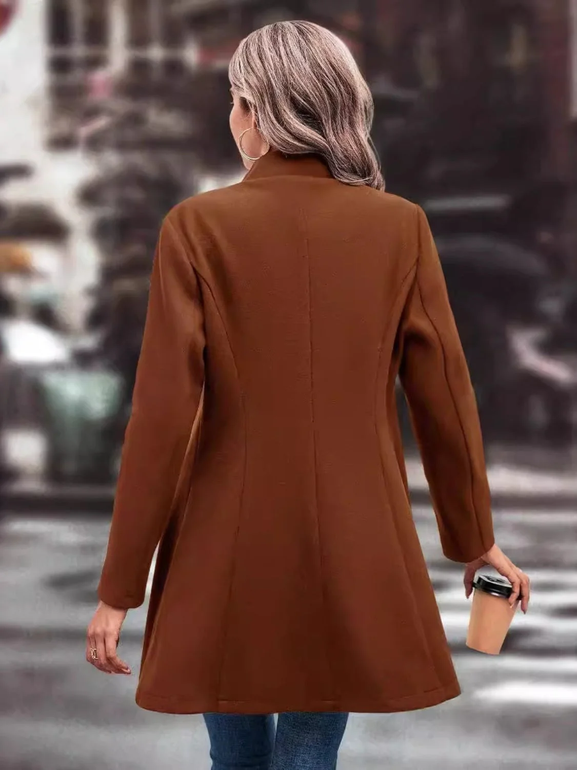 Collared Neck Long Sleeve Longline Coat - Image 2