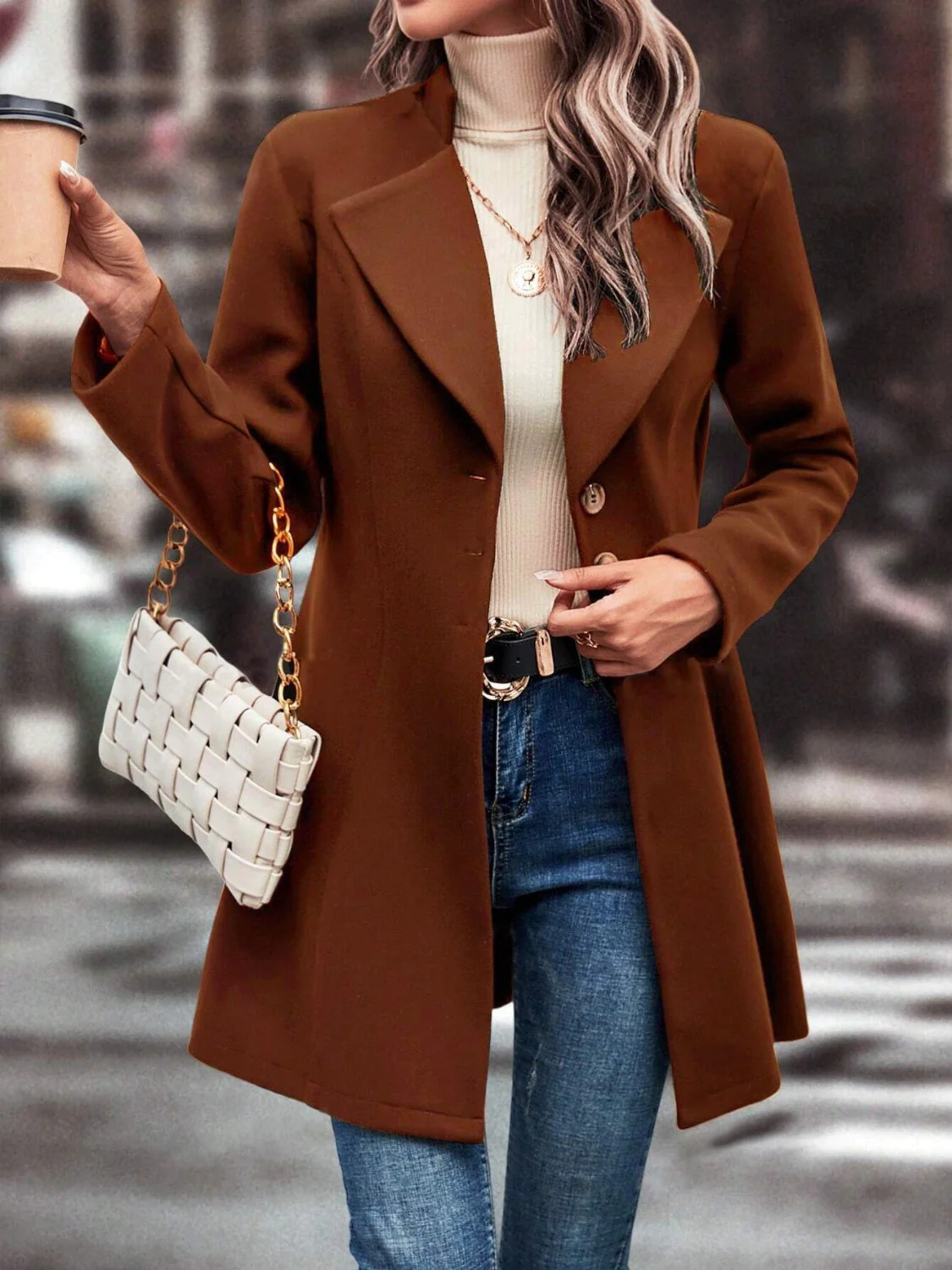 Collared Neck Long Sleeve Longline Coat - Image 3