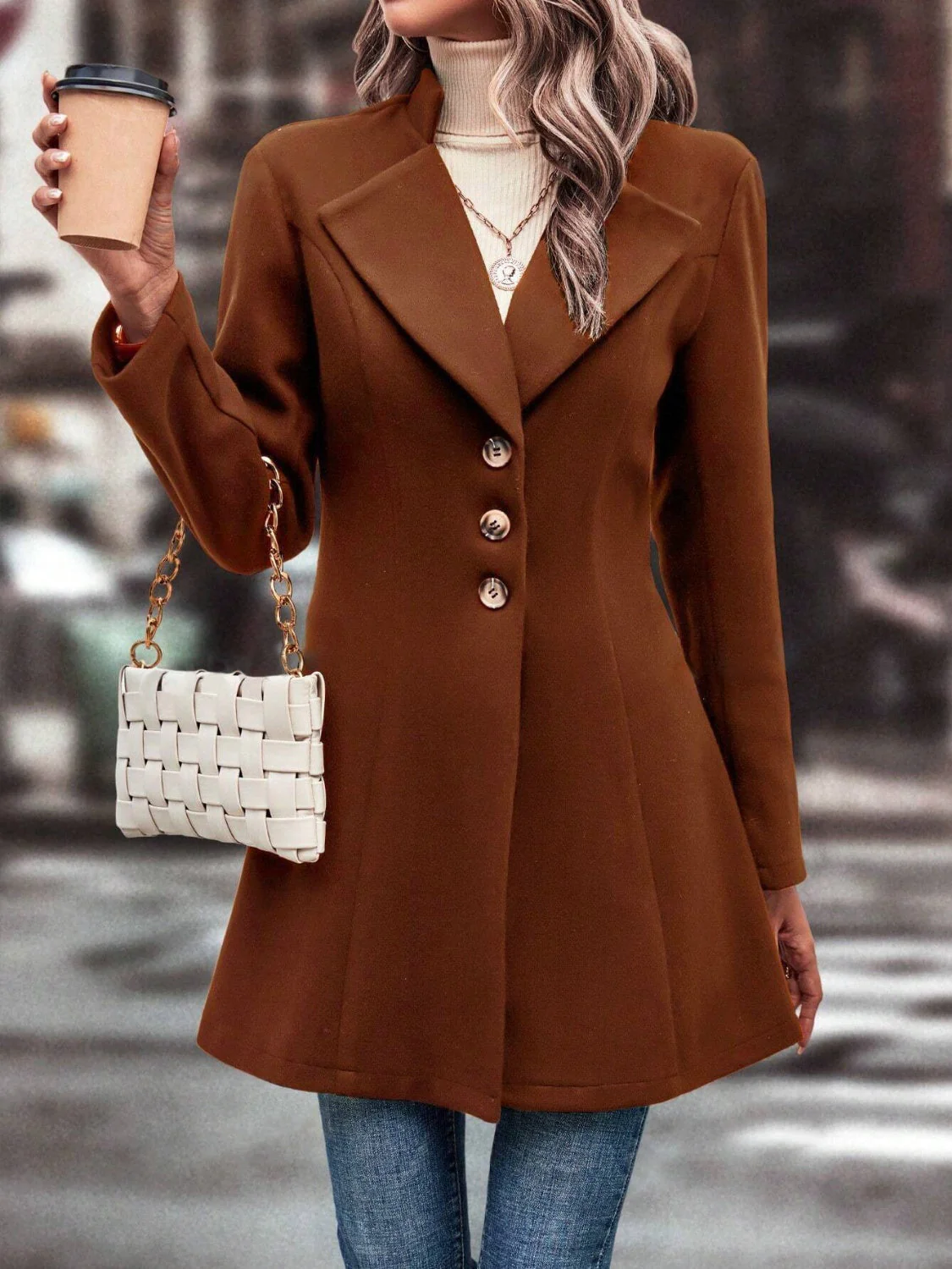 Collared Neck Long Sleeve Longline Coat - Image 4