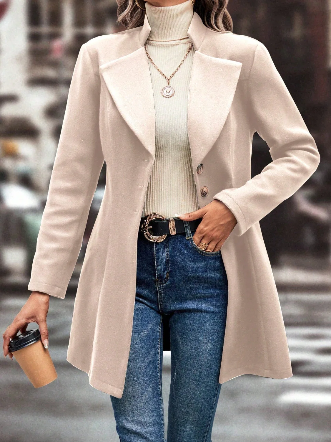 Collared Neck Long Sleeve Longline Coat - Image 8