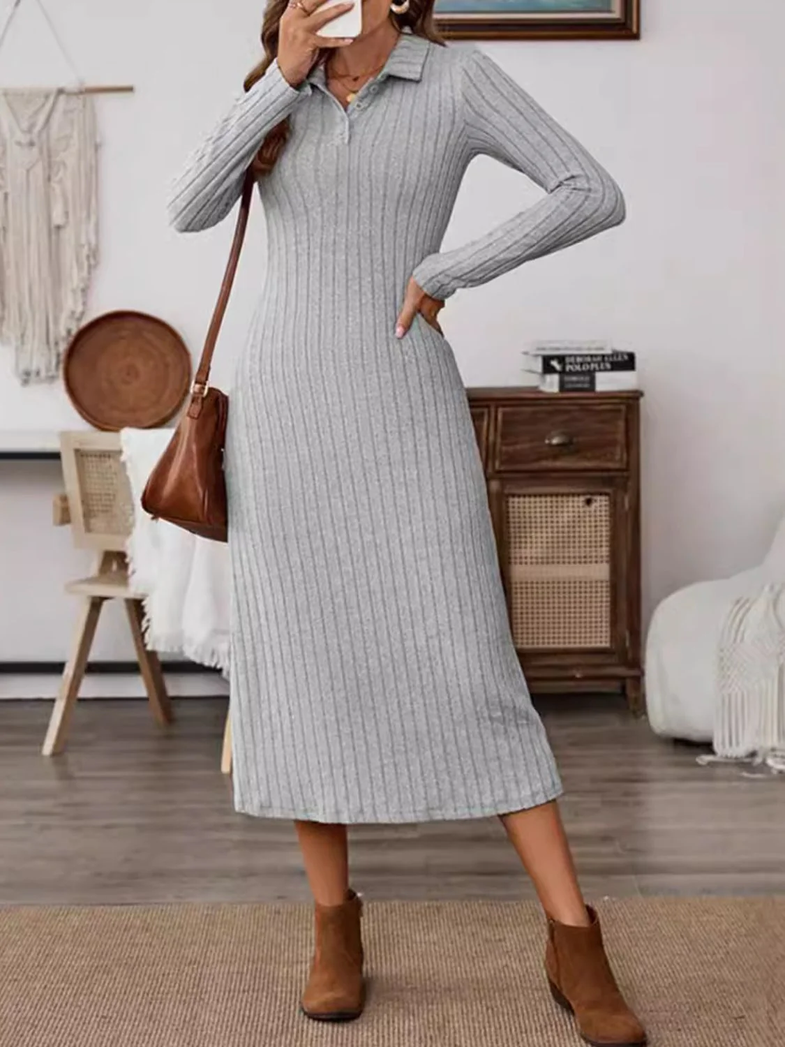 Collared Neck Long Sleeve Midi Dress - Image 2