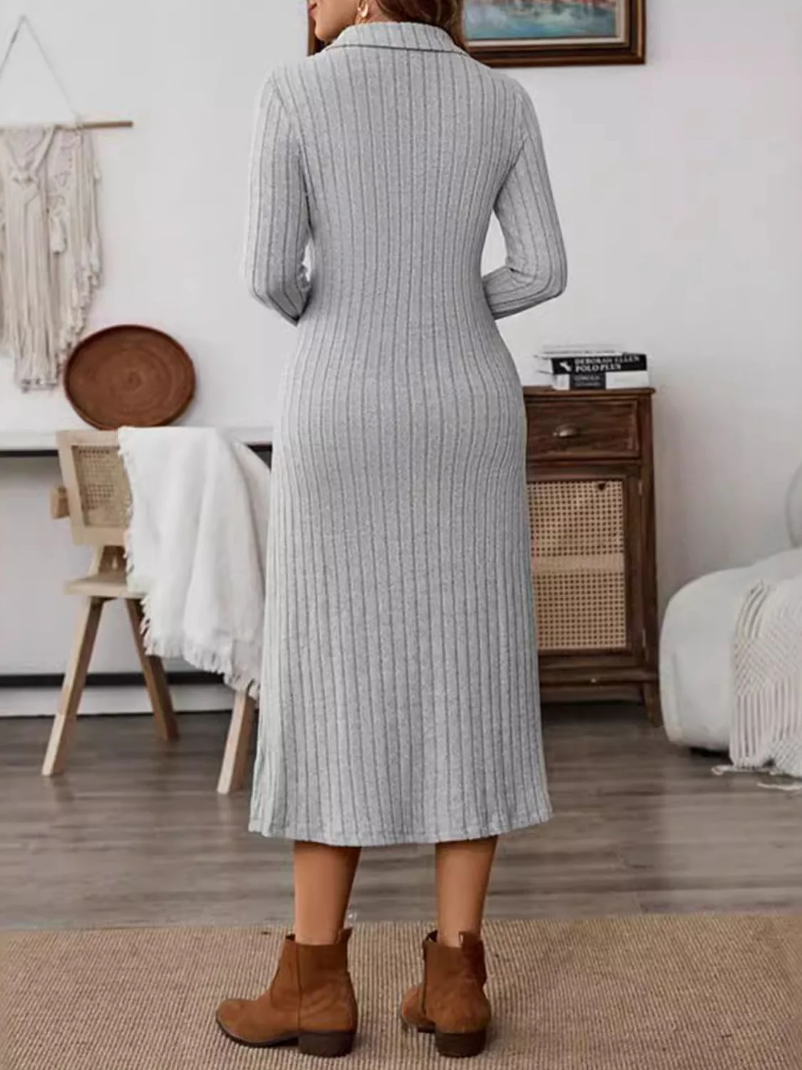 Collared Neck Long Sleeve Midi Dress - Image 3