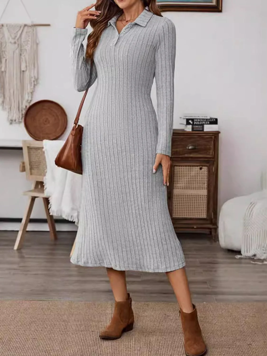 Collared Neck Long Sleeve Midi Dress - Image 4