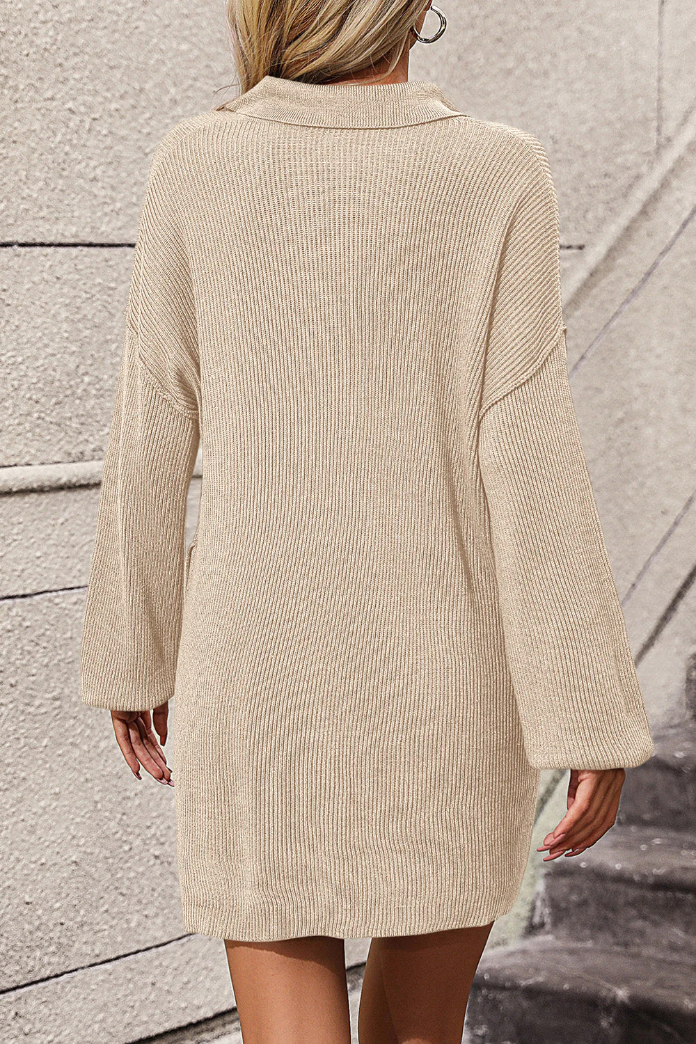 Collared Neck Long Sleeve Sweater Dress with Pockets - Image 10