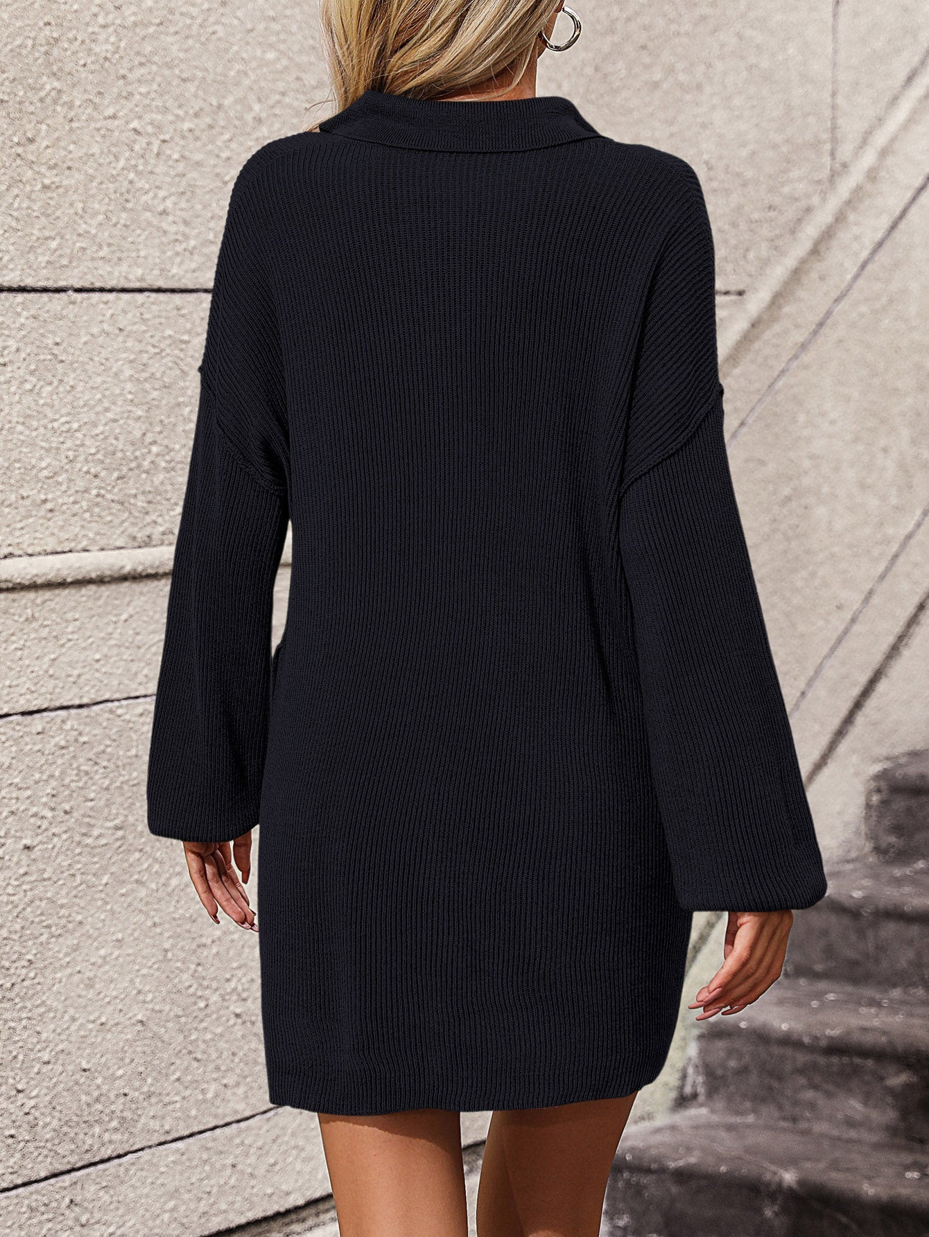 Collared Neck Long Sleeve Sweater Dress with Pockets - Image 13