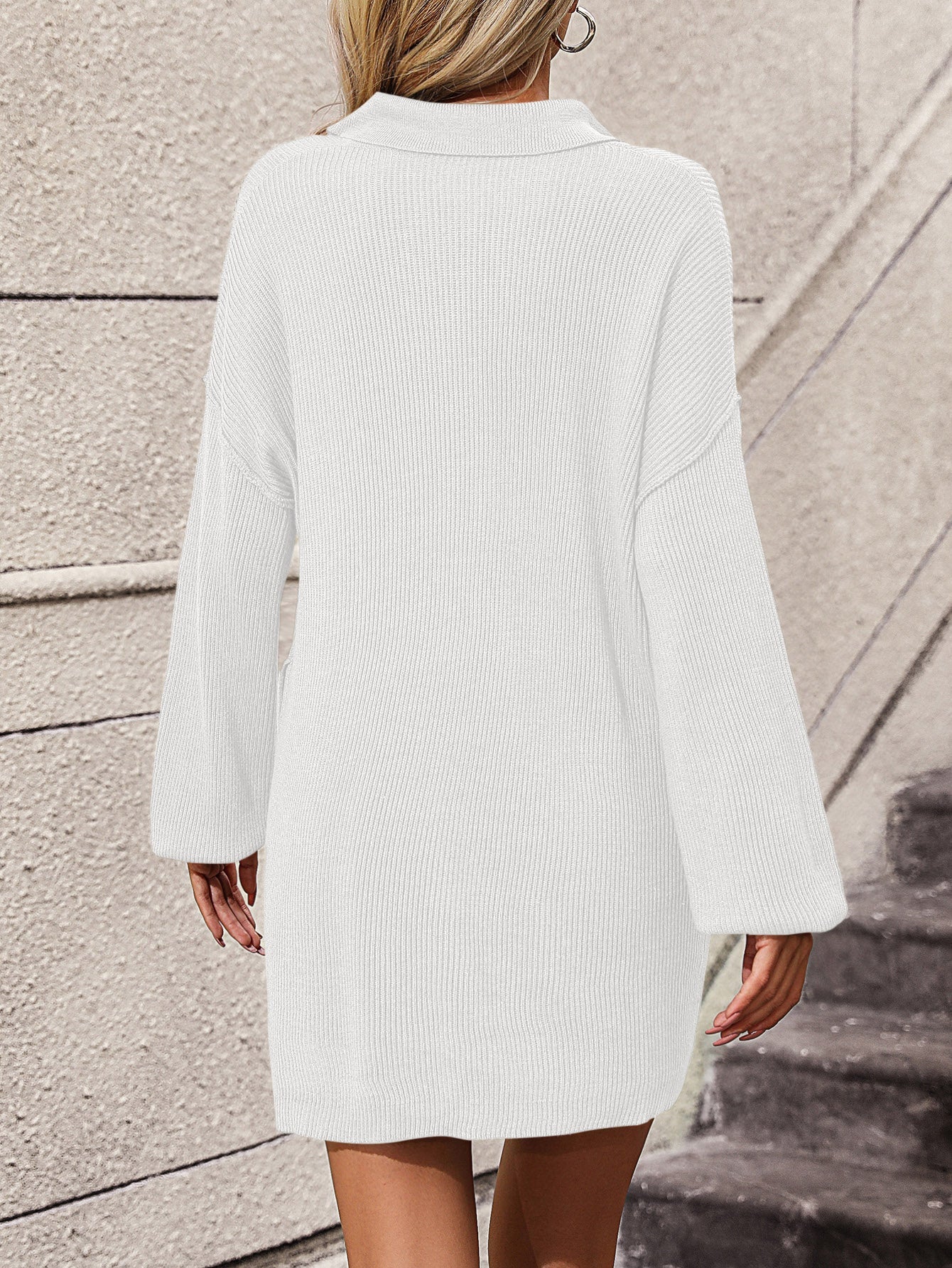 Collared Neck Long Sleeve Sweater Dress with Pockets - Image 16
