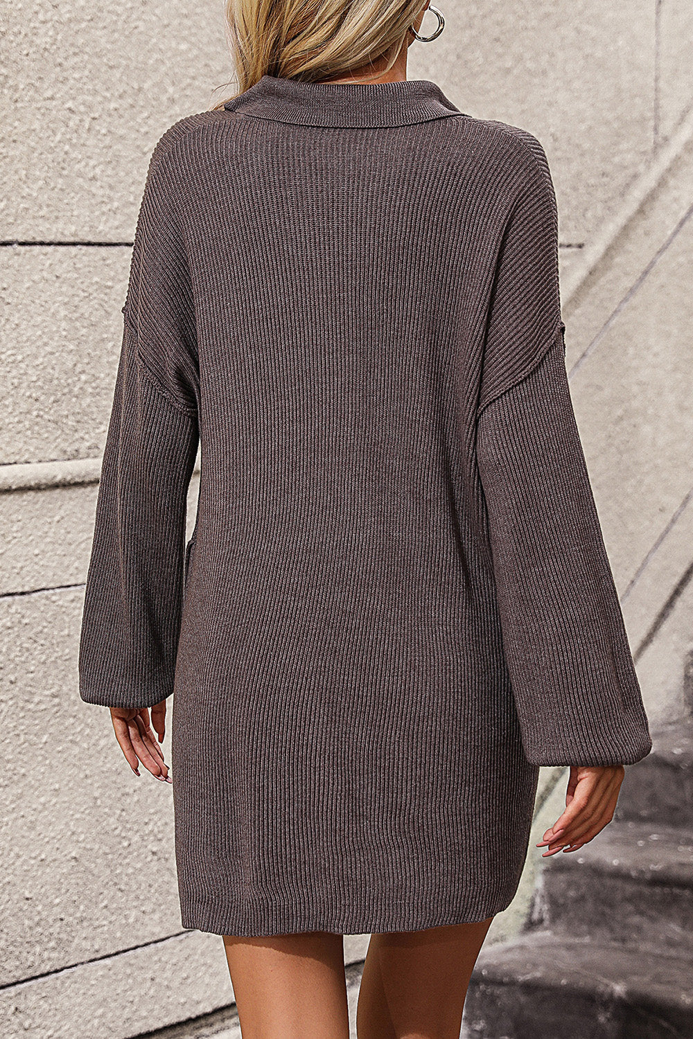 Collared Neck Long Sleeve Sweater Dress with Pockets - Image 2