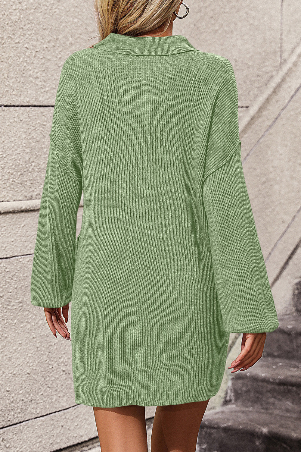 Collared Neck Long Sleeve Sweater Dress with Pockets - Image 7