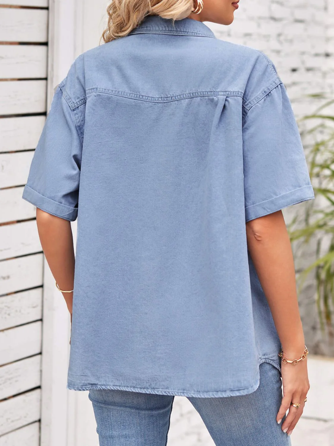 Collared Neck Short Sleeve Denim Jacket - Image 2
