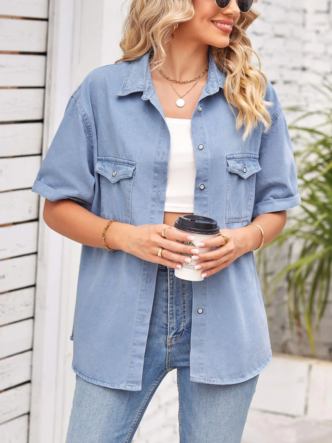 Collared Neck Short Sleeve Denim Jacket - Image 5