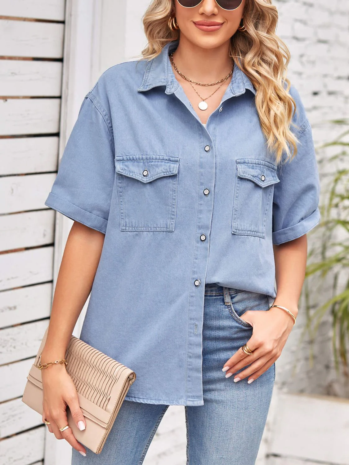 Collared Neck Short Sleeve Denim Jacket - Image 6