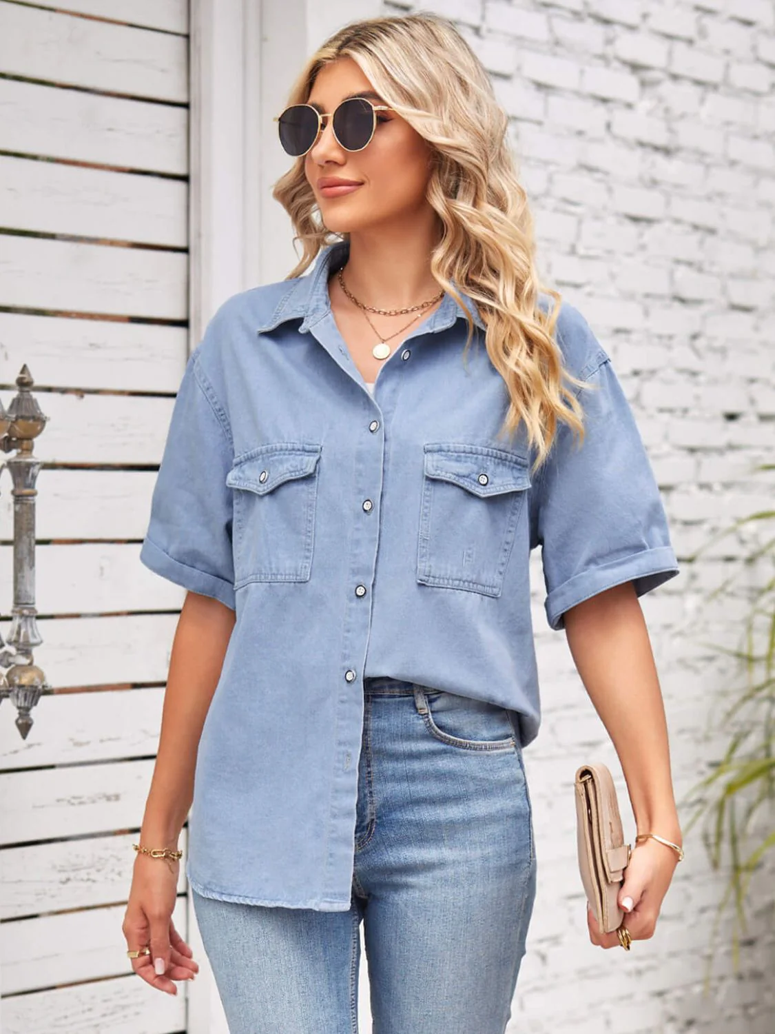 Collared Neck Short Sleeve Denim Jacket - Image 7