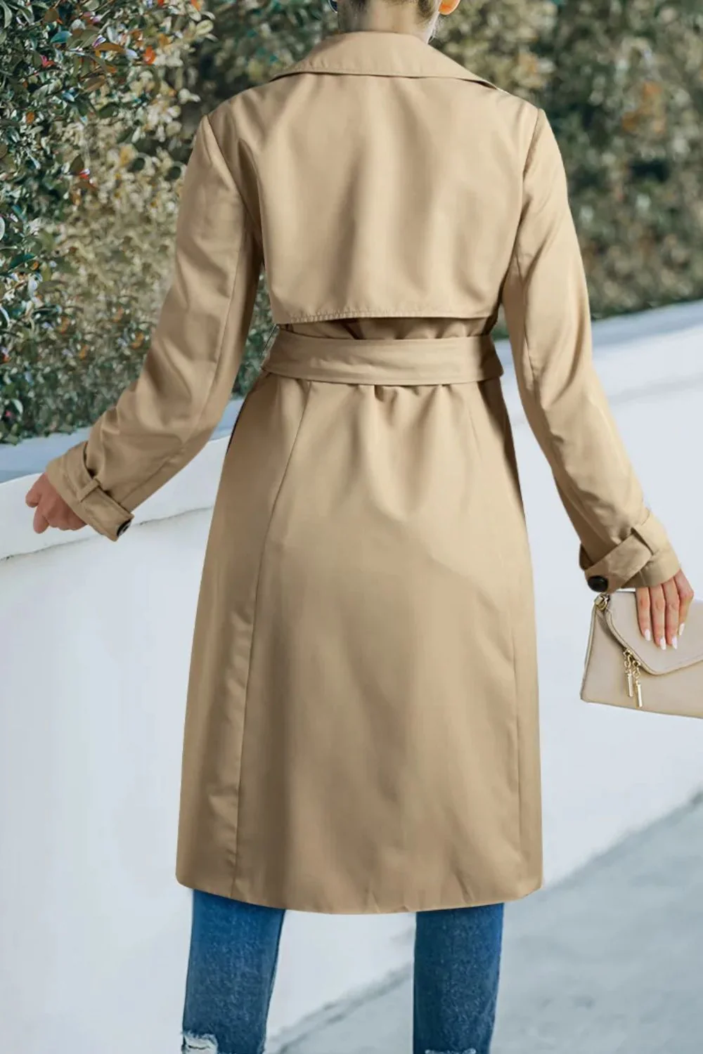 Collared Neck Tie Waist Buttoned Long Sleeve Trench Coat - Image 2