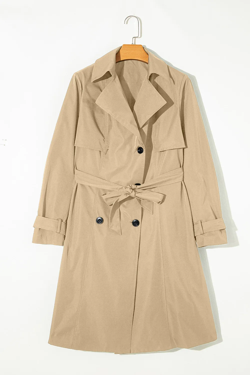 Collared Neck Tie Waist Buttoned Long Sleeve Trench Coat - Image 3