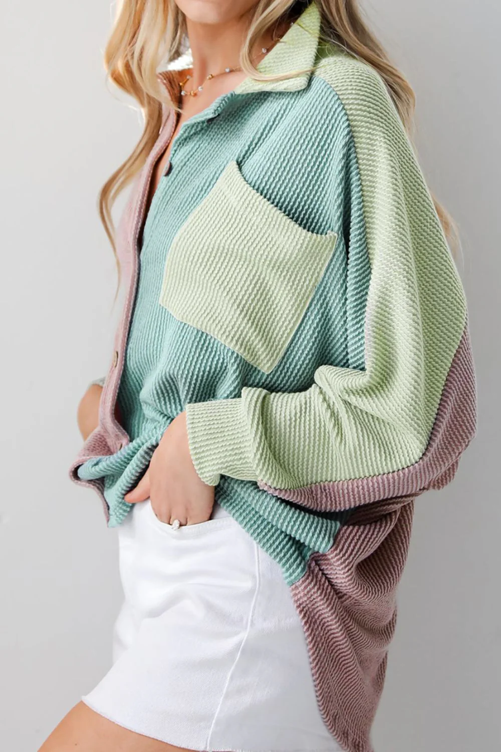 Color Block Corded Button Up Shacket - Image 2