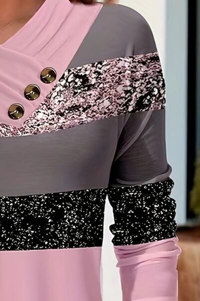 Color Block Decorative Button T-Shirt - Image 2