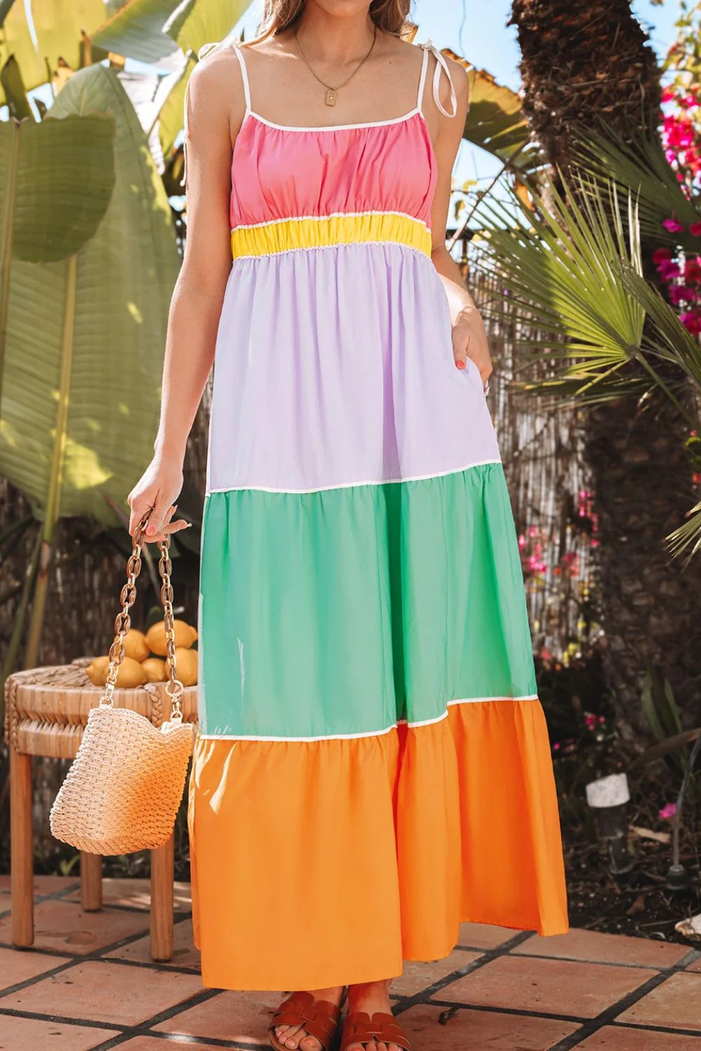 Color Block Flowy Tiered Maxi Dress with Pockets - Image 3