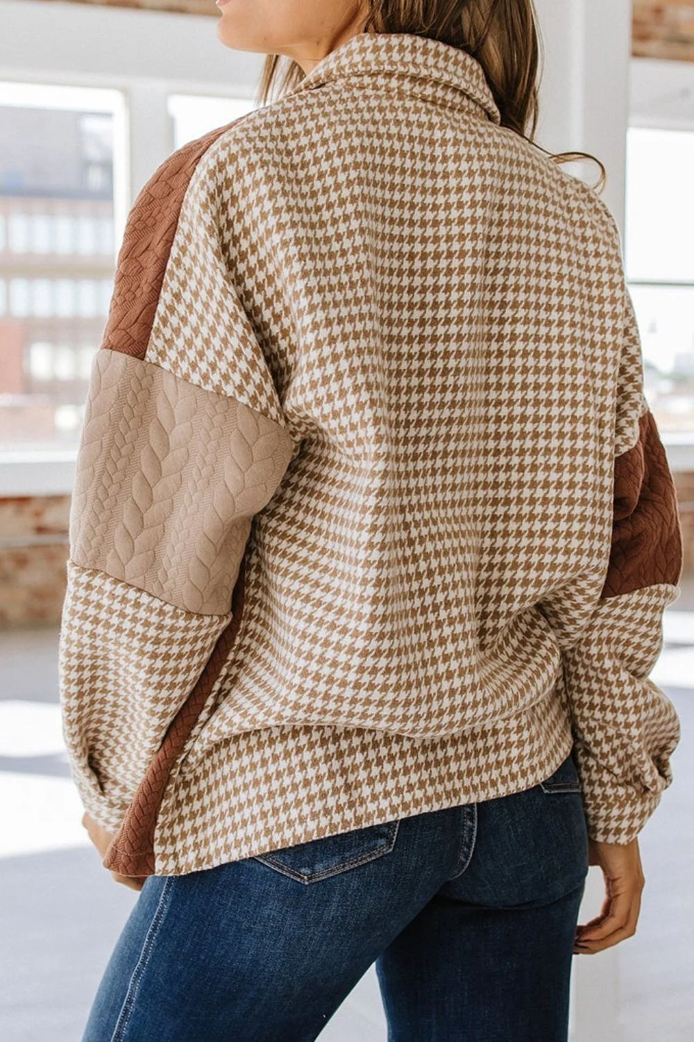 Color Block Houndstooth Collared Neck Shacket - Image 10