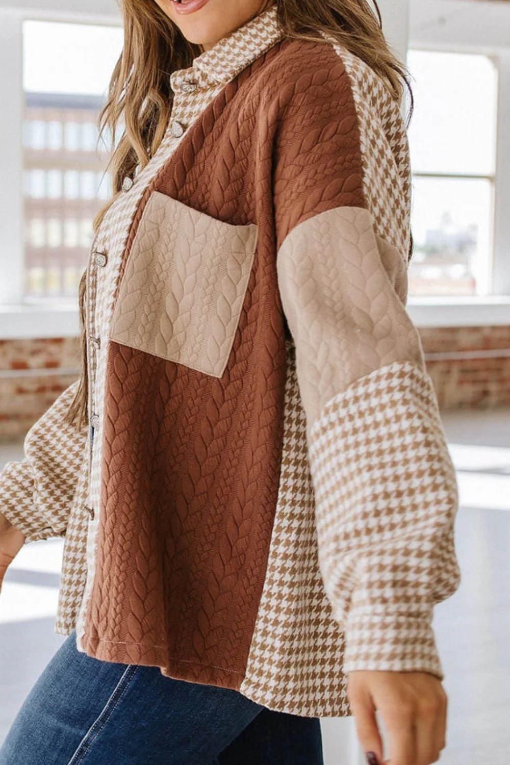 Color Block Houndstooth Collared Neck Shacket - Image 11