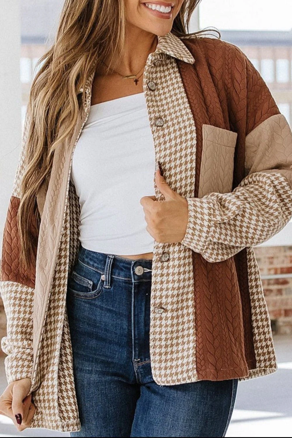 Color Block Houndstooth Collared Neck Shacket - Image 12