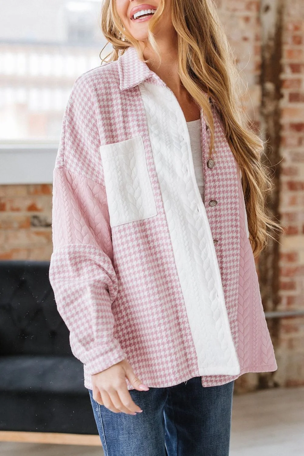 Color Block Houndstooth Collared Neck Shacket - Image 2