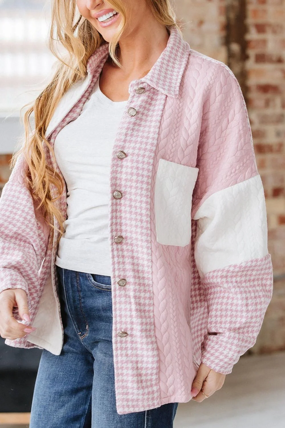 Color Block Houndstooth Collared Neck Shacket - Image 3