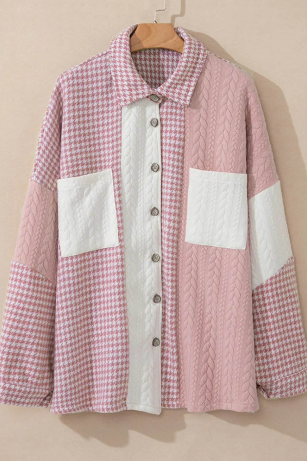 Color Block Houndstooth Collared Neck Shacket - Image 4