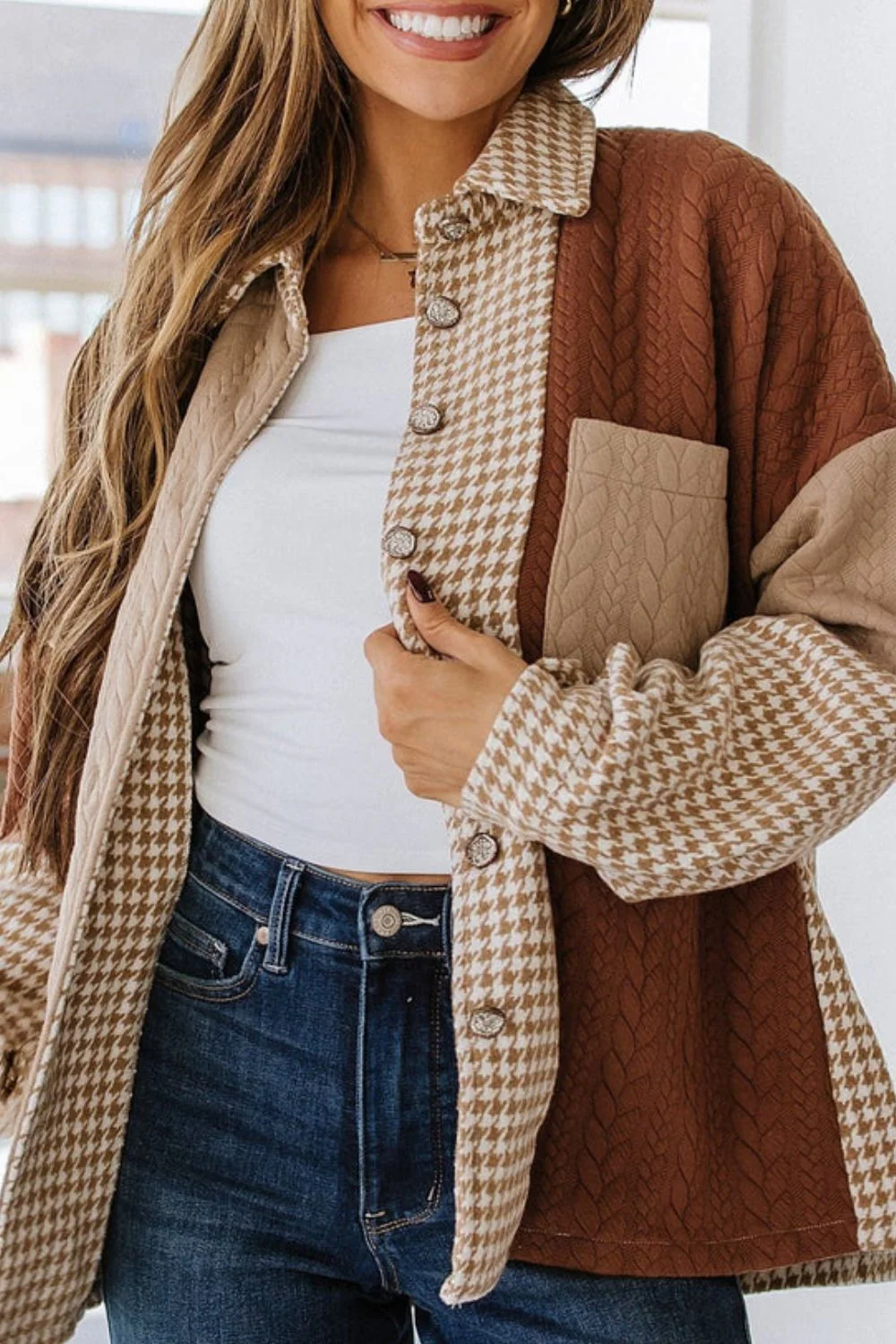 Color Block Houndstooth Collared Neck Shacket - Image 8