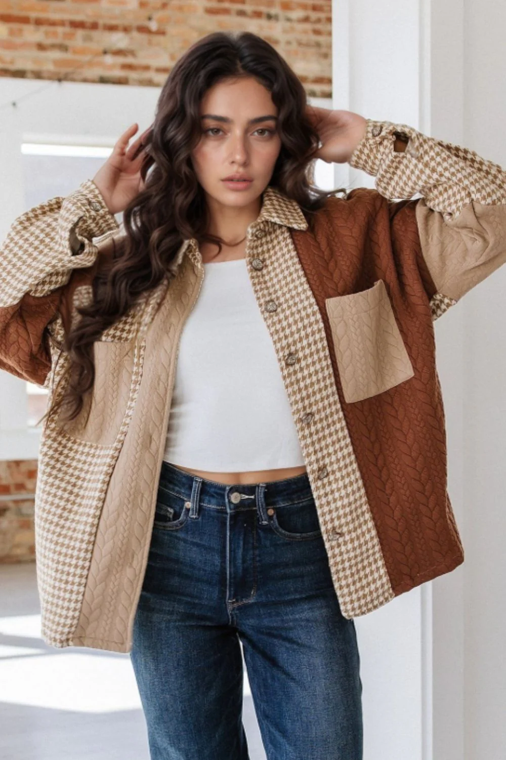 Color Block Houndstooth Collared Neck Shacket - Image 9