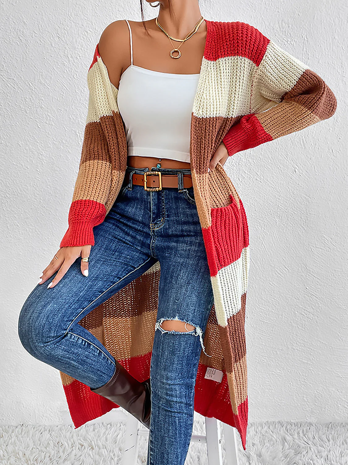 Color Block Open Front Longline Cardigan - Image 3