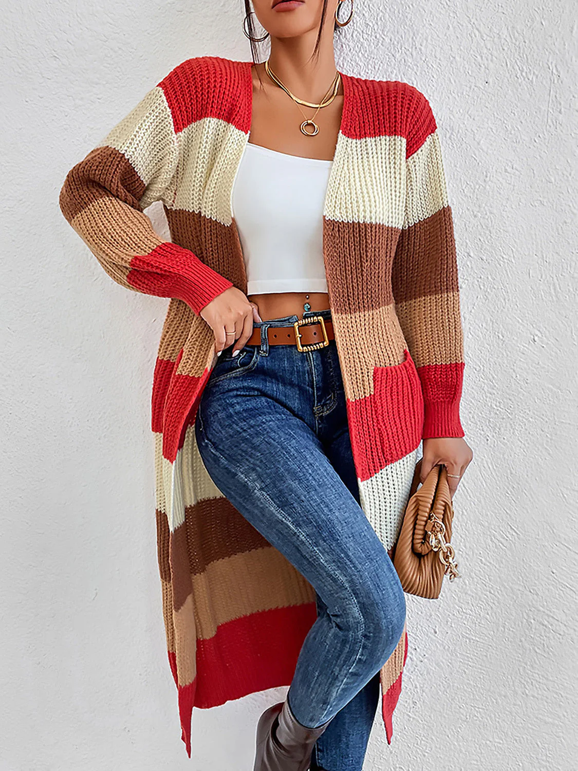 Color Block Open Front Longline Cardigan - Image 4