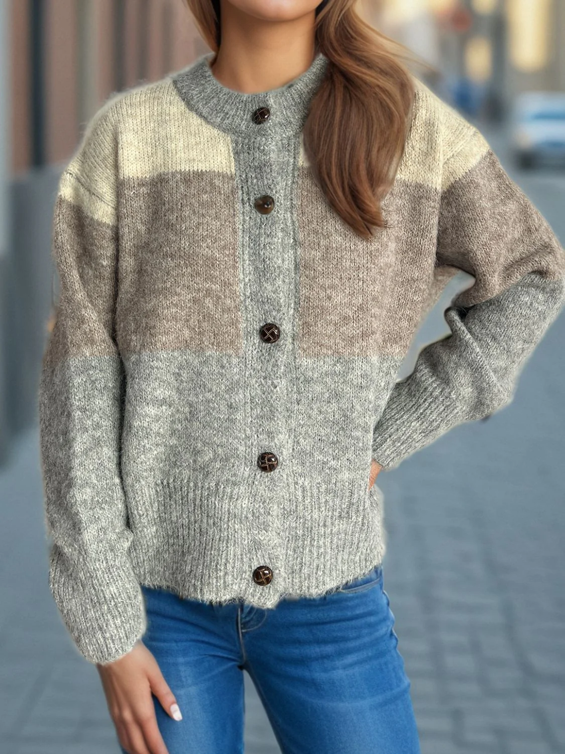 Color Block Round Neck Button Up Cardigan - Image 10