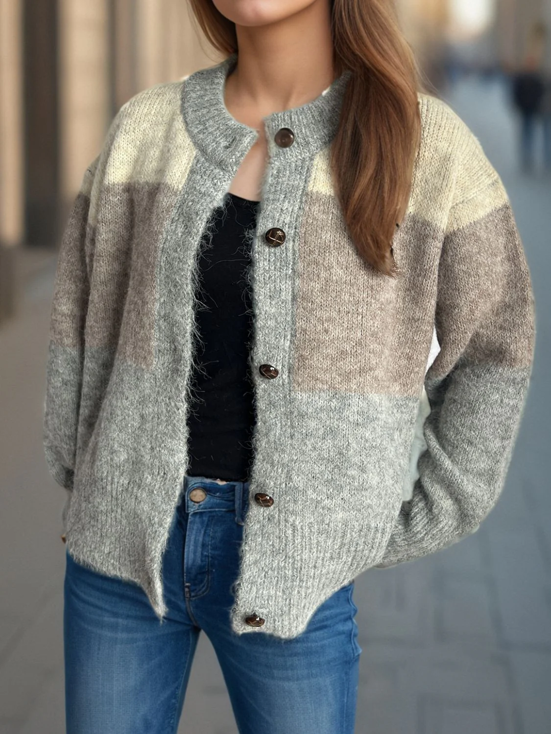 Color Block Round Neck Button Up Cardigan - Image 11