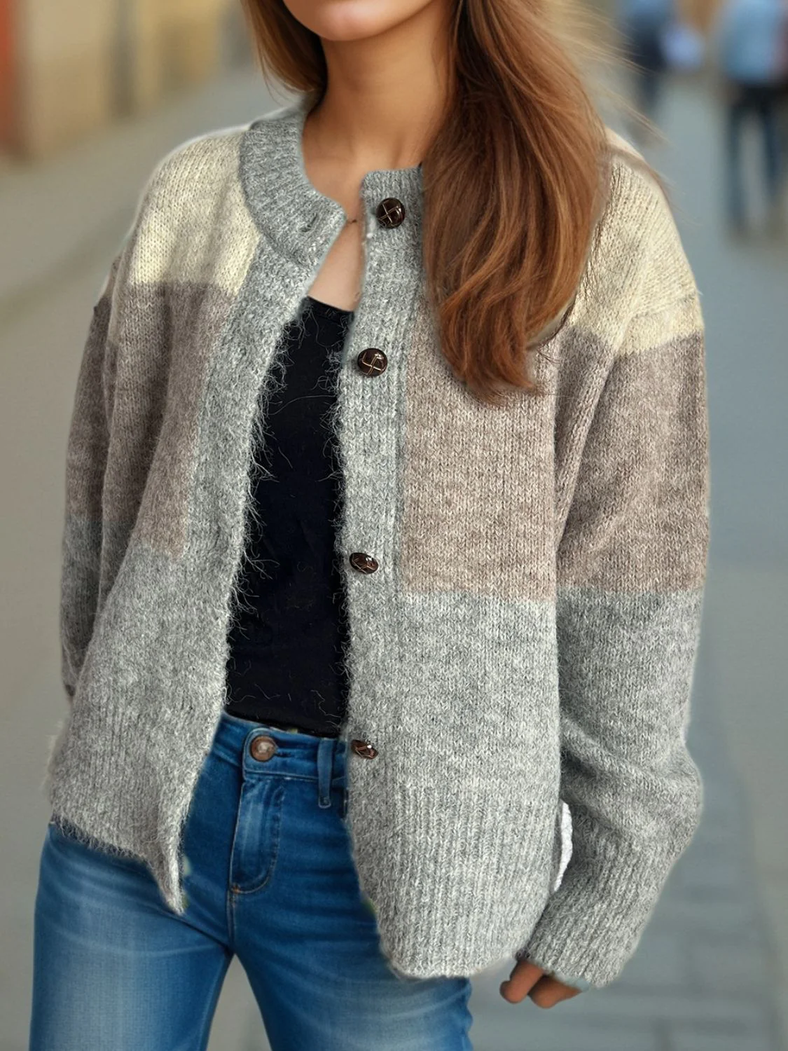 Color Block Round Neck Button Up Cardigan - Image 12