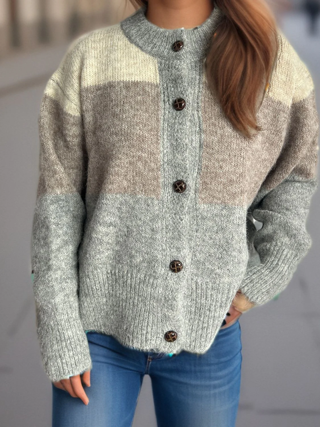 Color Block Round Neck Button Up Cardigan - Image 13
