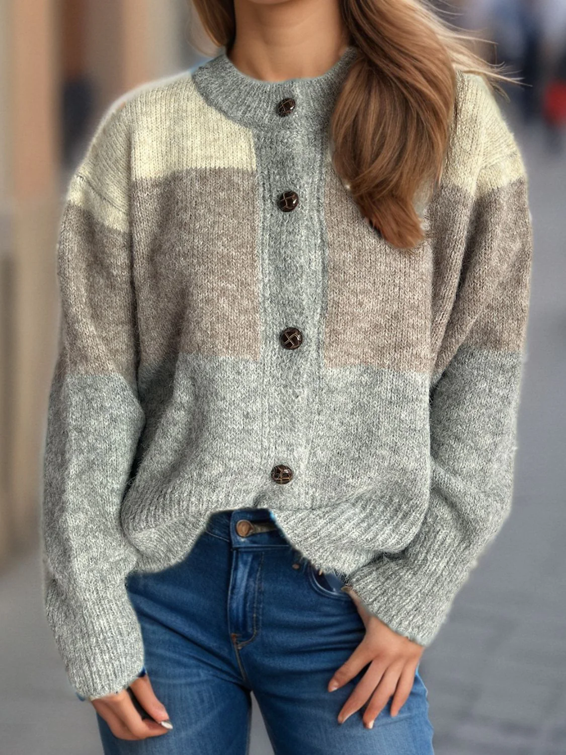 Color Block Round Neck Button Up Cardigan - Image 14