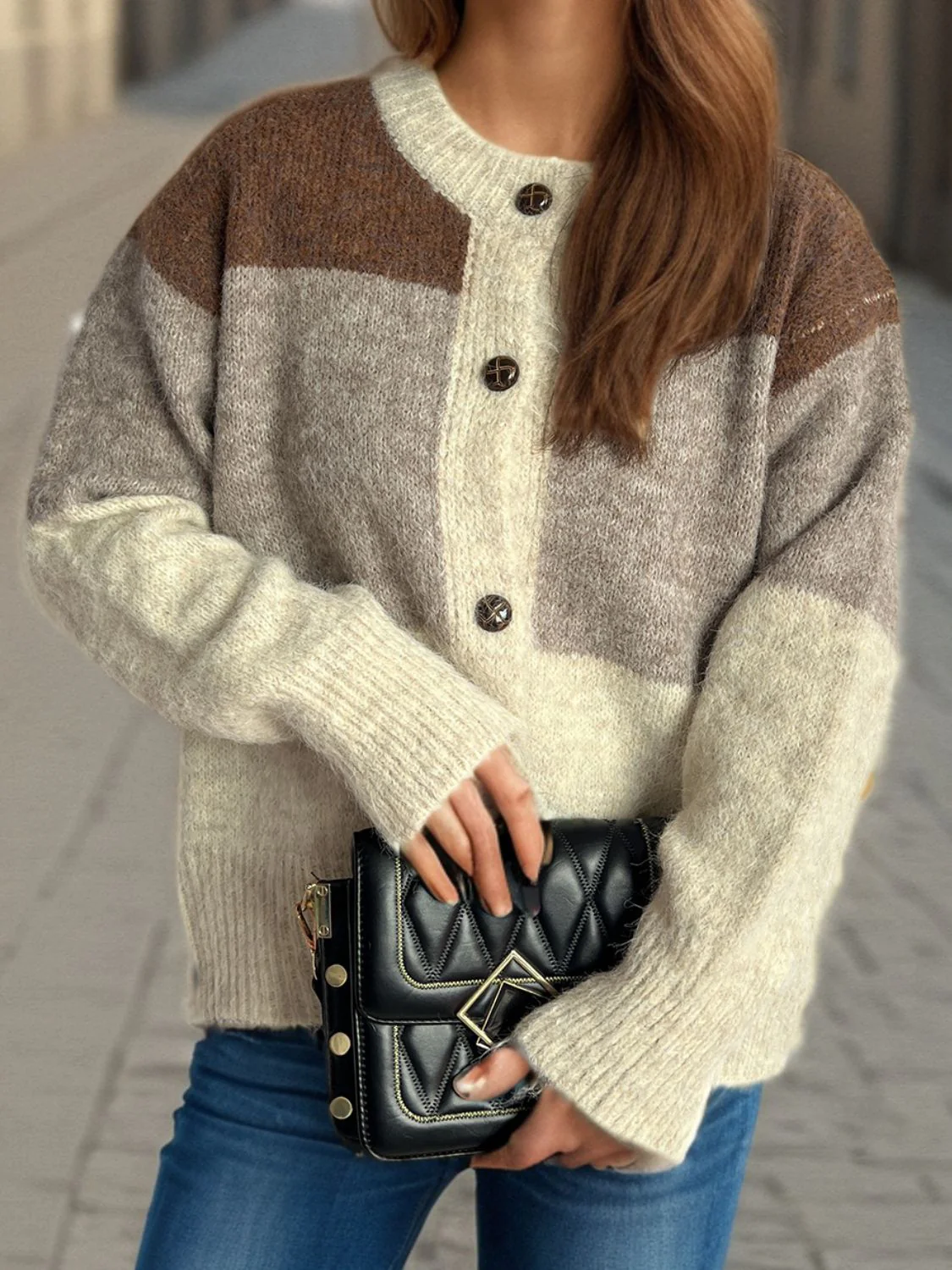 Color Block Round Neck Button Up Cardigan - Image 15