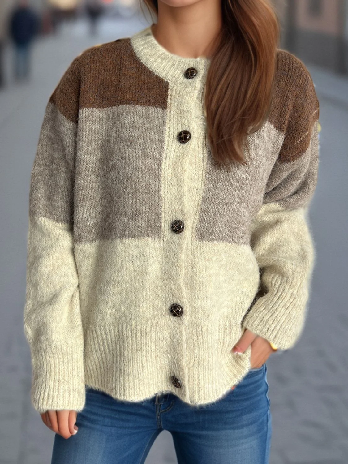Color Block Round Neck Button Up Cardigan - Image 16