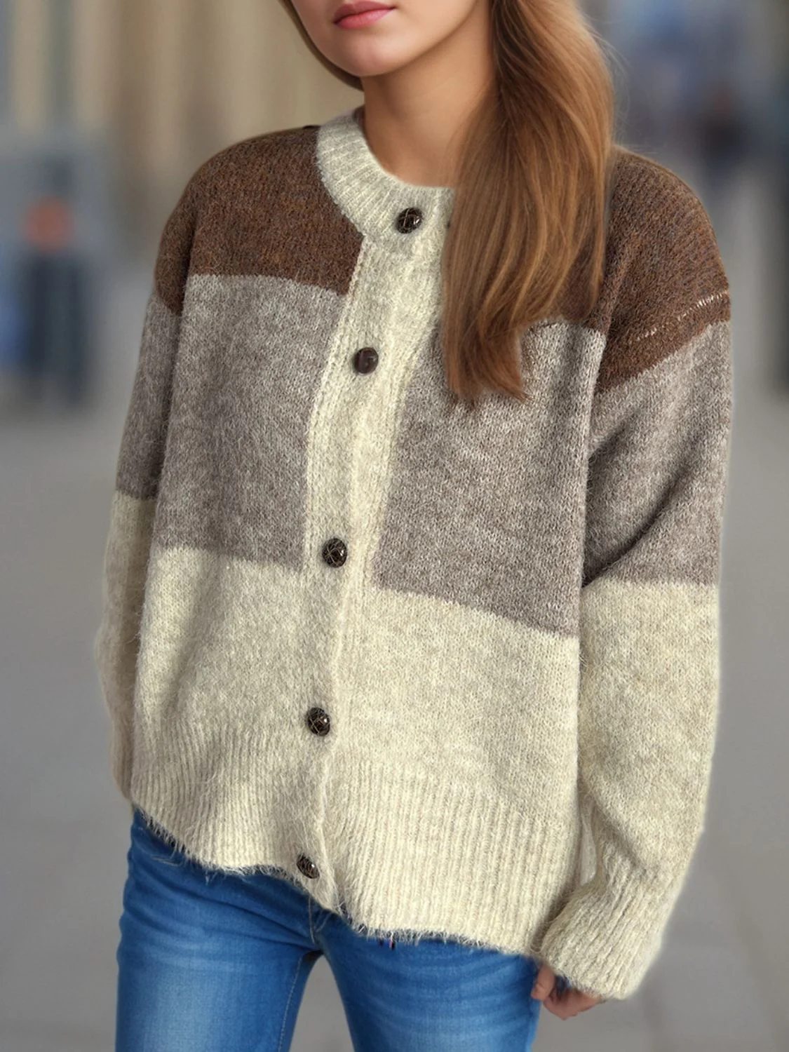 Color Block Round Neck Button Up Cardigan - Image 17