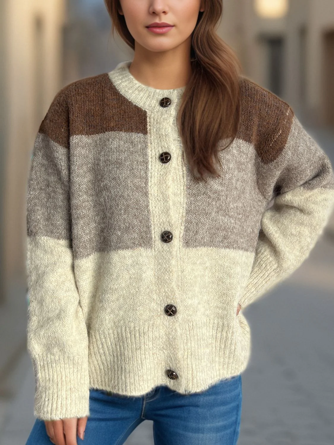 Color Block Round Neck Button Up Cardigan - Image 18