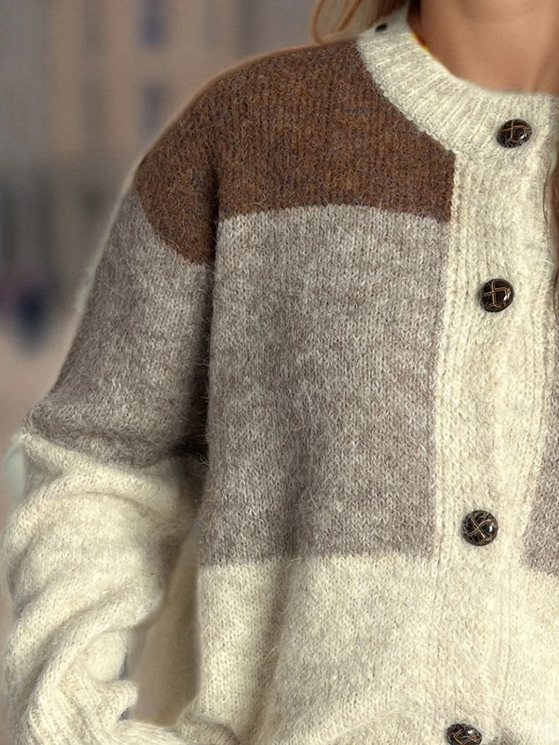 Color Block Round Neck Button Up Cardigan - Image 19