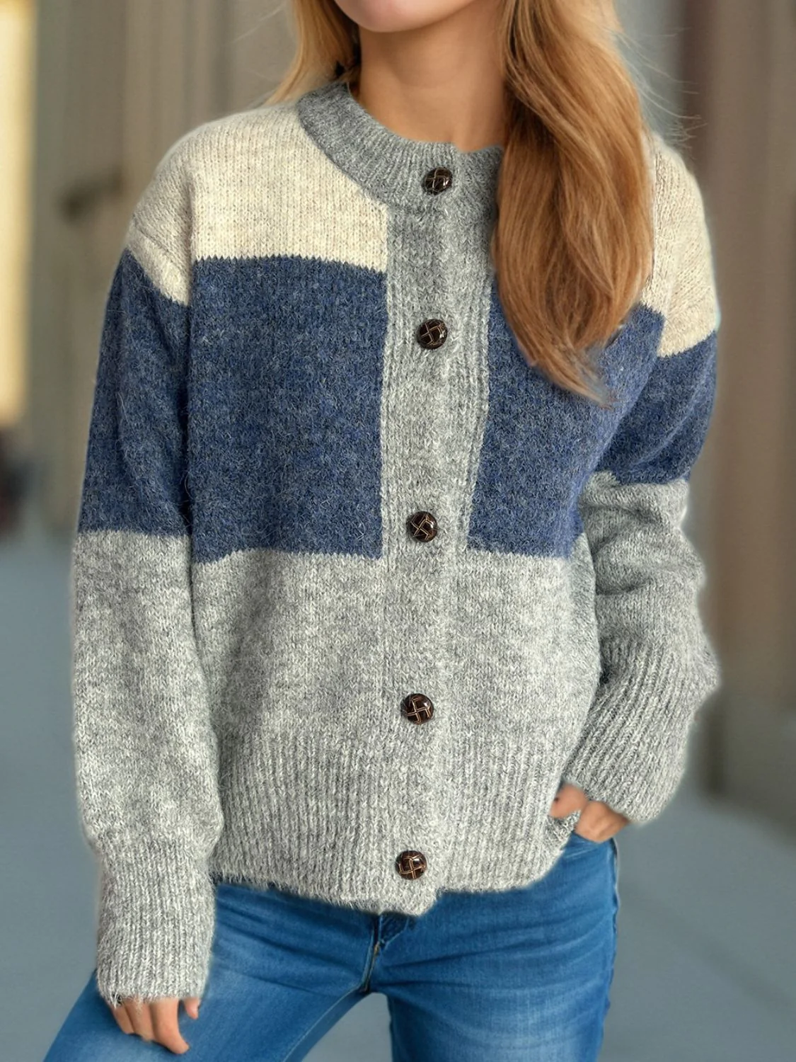Color Block Round Neck Button Up Cardigan - Image 2