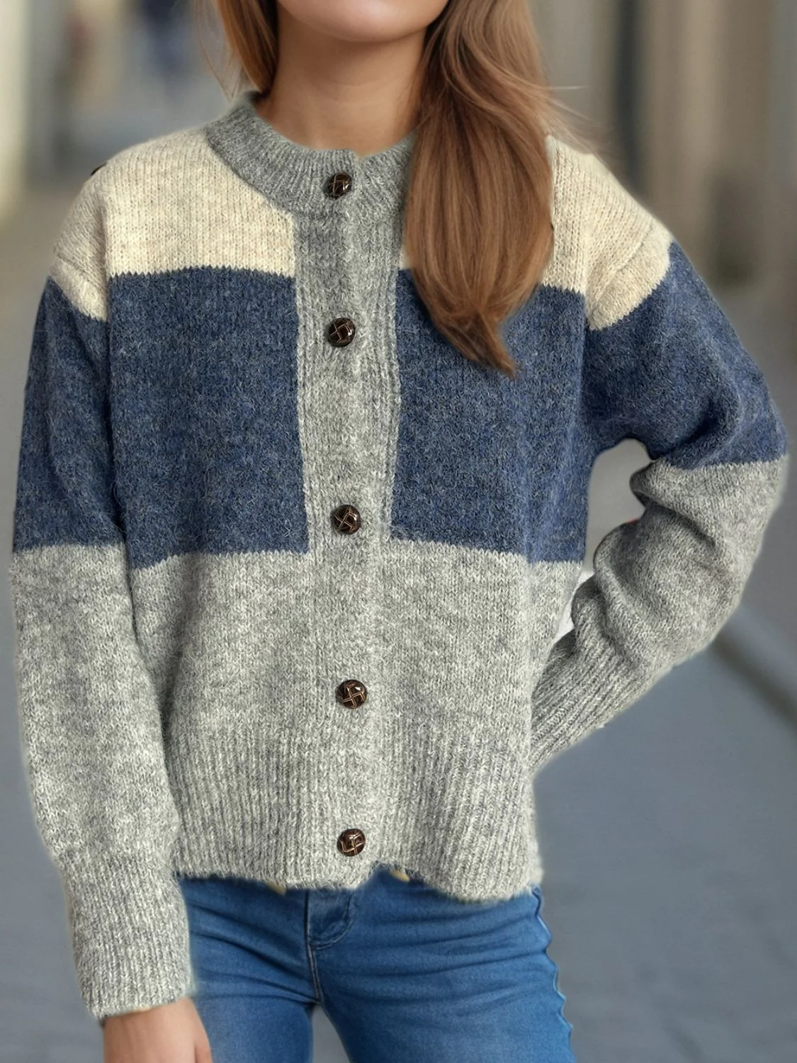 Color Block Round Neck Button Up Cardigan - Image 3