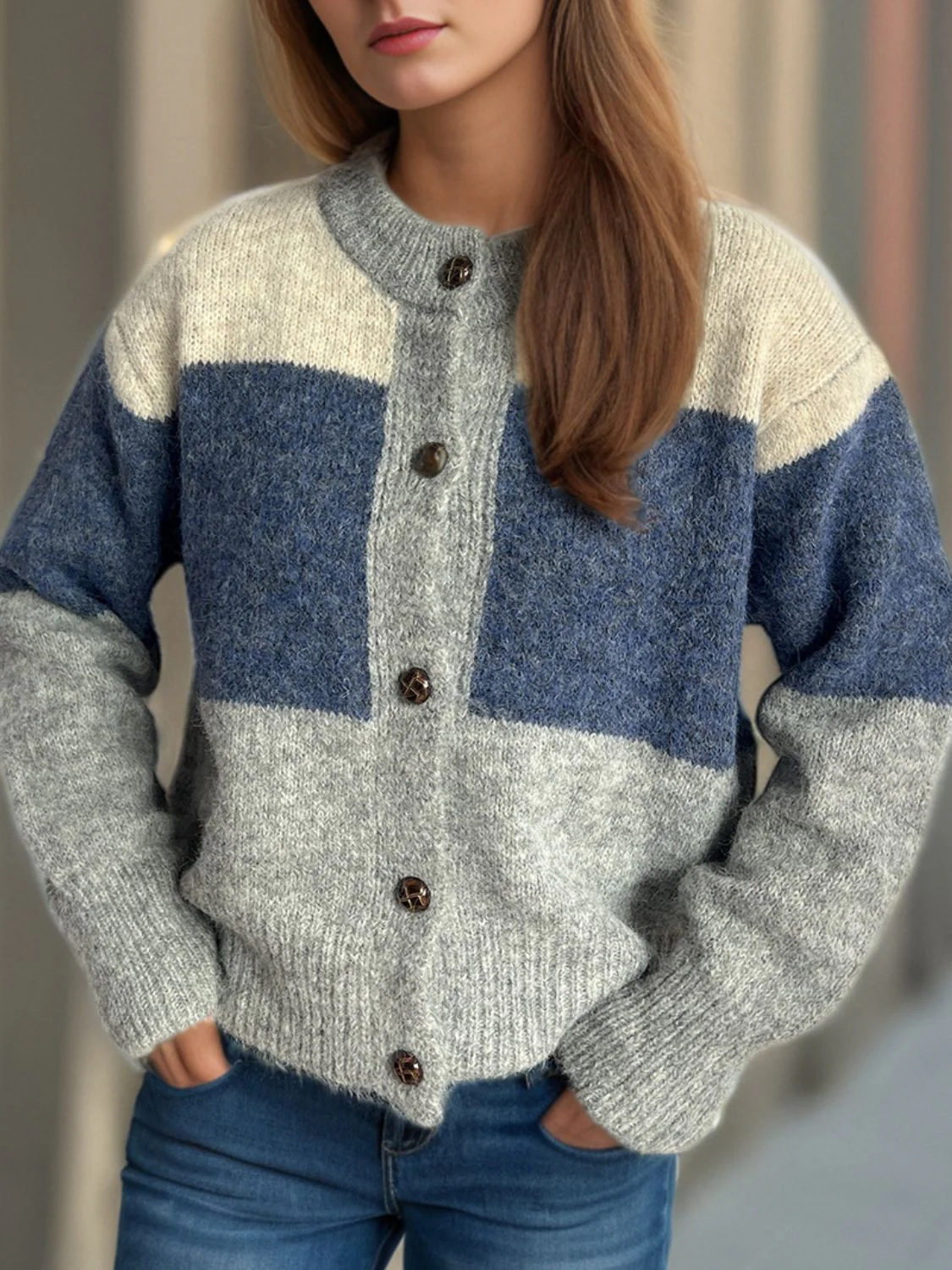 Color Block Round Neck Button Up Cardigan - Image 4