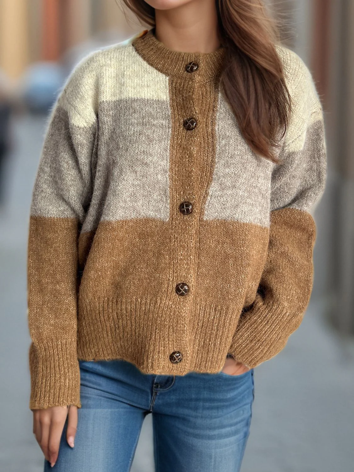 Color Block Round Neck Button Up Cardigan - Image 5