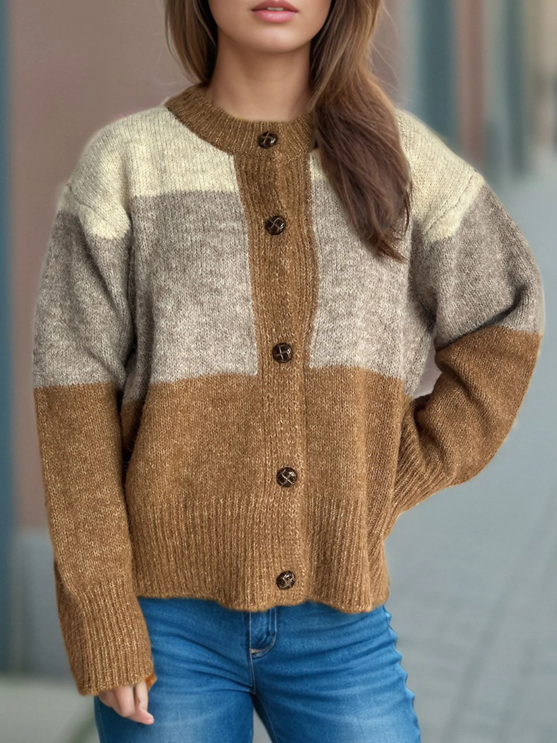 Color Block Round Neck Button Up Cardigan - Image 6