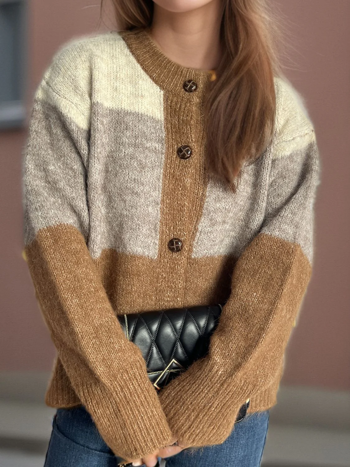 Color Block Round Neck Button Up Cardigan - Image 7